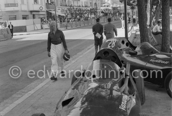 Mike Hawthorn, (38) Ferrari Dino 246, leaves the race with a broken fuel pump. The two Vanwalls of Stirling Moss and Tony Brooks. Monaco Grand Prix 1958. - Photo by Edward Quinn