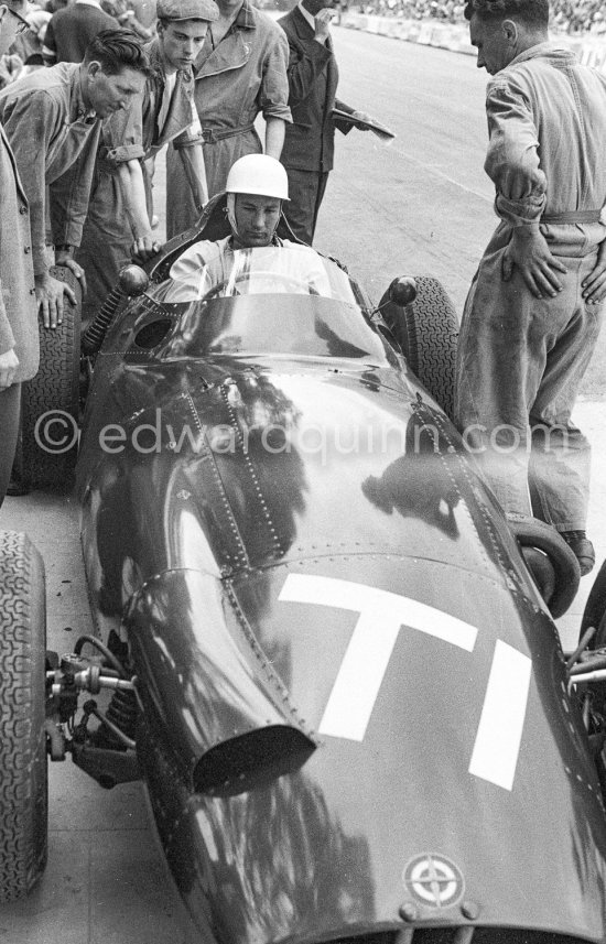 Stirling Moss, trying the B.R.M. P25 of Joakim Bonnier, Monaco Grand Prix 1959. - Photo by Edward Quinn