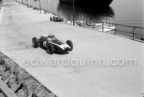 Jack Brabham, (8) Cooper T53, on right Joakim Bonnier\'s (2) B.R.M. P48. Monaco Grand Prix 1960. - Photo by Edward Quinn