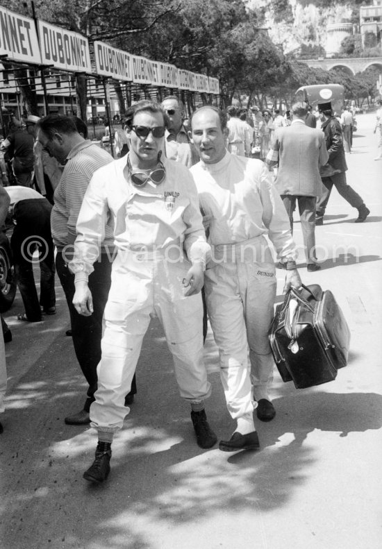 Stirling Moss and Innes Ireland arrive to take part in the qualification trials. Monaco Grand Prix 1960. - Photo by Edward Quinn