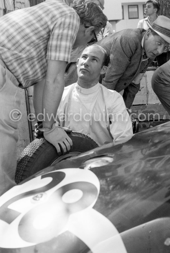 Stirling Moss, (28) Lotus 18. Colin Chapman, founder of Lotus Cars (with sunglasses) and Rob Walker. Monaco Grand Prix 1960. - Photo by Edward Quinn