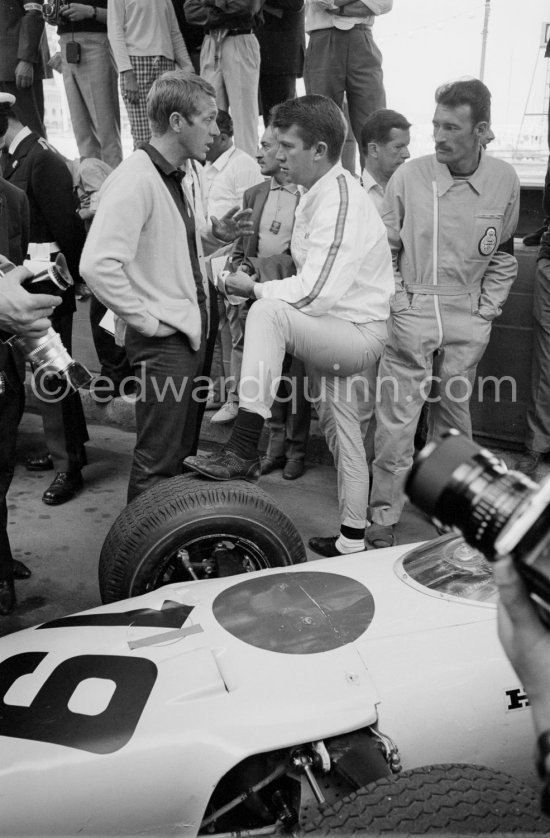 Steve McQueen and Ronnie Bucknum, (19) Honda RA272. Monaco Grand Prix 1965. - Photo by Edward Quinn