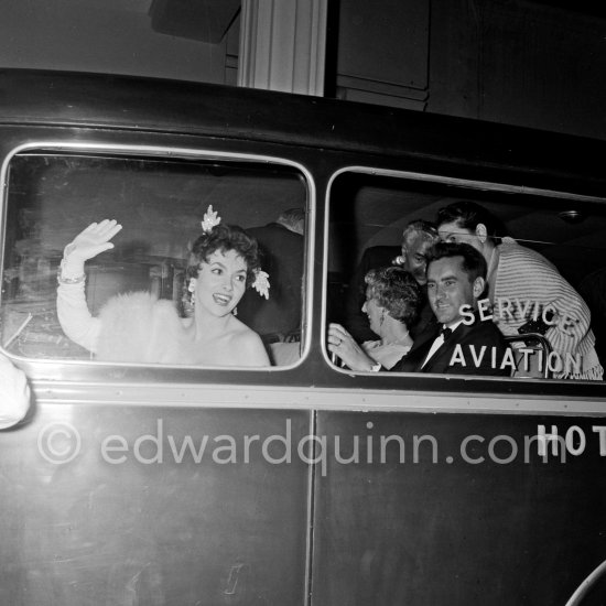 Gina Lollobrigida leaving a gala evening in a Hotel bus. Monte Carlo 1955 - Photo by Edward Quinn