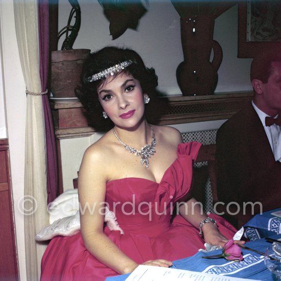 Back at the Cannes Film Festival in 1958, Gina Lollobrigida at a gala dinner. - Photo by Edward Quinn