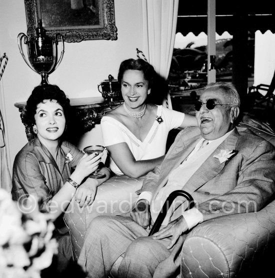 Gina Lollobrigida (left) with Prince Aga Khan and the Begum at their home, Villa Yakymur, at Le Cannet in 1955. - Photo by Edward Quinn