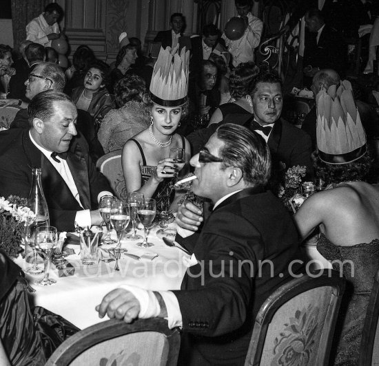 Aristotle and Tina Onassis. On the right Gianni Agnelli. New year\'s eve dinner. Hotel de Paris, Monte Carlo 1954. - Photo by Edward Quinn