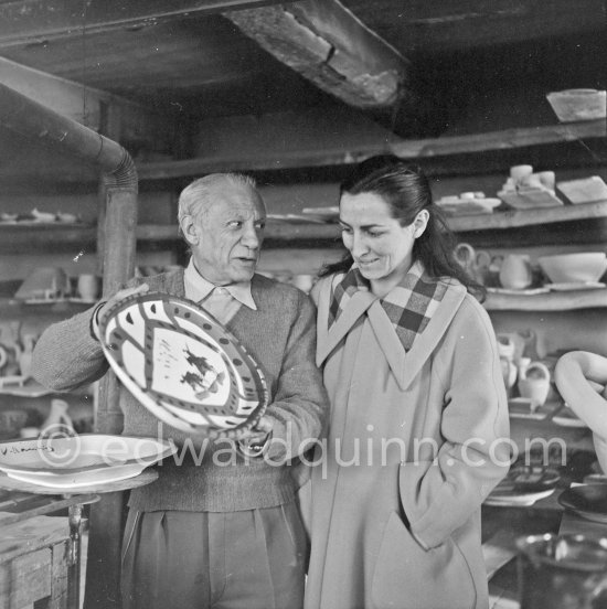 Pablo Picasso and Françoise Gilot at the Madoura pottery. Vallauris 23.3.1953. - Photo by Edward Quinn