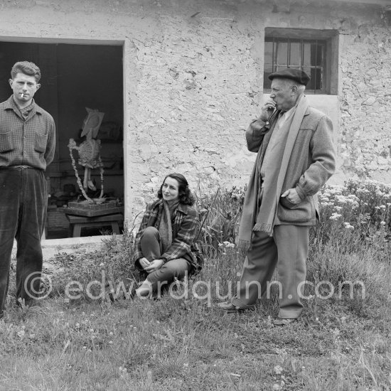 Pablo Picasso, and Françoise Gilot in front of the sculpture studio Le Fournas. Vallauris 1953. - Photo by Edward Quinn
