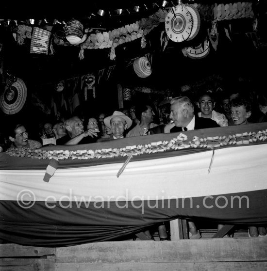 First Corrida at Vallauris, from left: Françoise Gilot, Pablo Picasso, Paul Derigon, the mayor of Vallauris, Jacques Prévert, André Verdet, Simone Geneviève Prévert. Vallauris 1954. - Photo by Edward Quinn