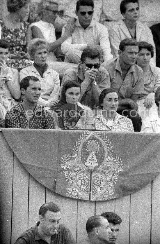 High tension moment at the bullfightt. From left: Luis Miguel Dominguin, Lucia Bosè, Jacqueline, behind Dominguin (spectator because of injuries), Catherine Hutin. Corrida des vendanges. Arles 1959. - Photo by Edward Quinn