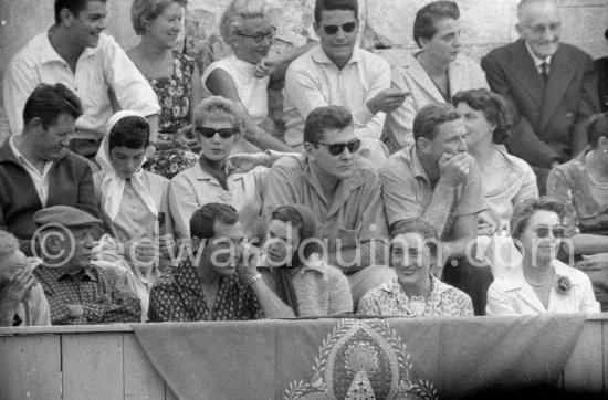 At a bullfight in Arles (Corrida des vendanges), from left: Pablo Picasso, Luis Miguel Dominguin, Lucia Bosè, Jacqueline, behind Pablo Picasso: Jeannot, chauffeur de Pablo Picasso, Catherine ("Cathy") Hutin, Francine Weisweiller, Edouard Dermit. Arles 1959. - Photo by Edward Quinn