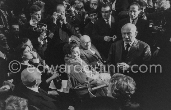 From left: Daniel-Henry Kahnweiler, Lucia Bosè, Miguel Dominguin, Jacqueline, French communist party leader Jacques Duclos, Claude Picasso, Pablo Picasso, Louise Leiris. Festivities put on in Pablo Picasso\'s honor for the 80th birthday. Nice 28.10.1961. - Photo by Edward Quinn