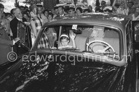 Caroline and Albert of Monaco and Princess Grace. Visit to school children at village Peille near Monaco. 1961. (Grace Kelly). Car not yet identified - Photo by Edward Quinn