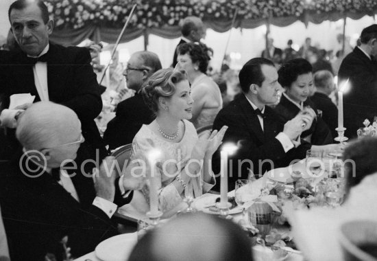 Princess Grace. Her last outing before her second maternity, on the left Prince Pierre, on the right her doctor Dr. Donat. "Bal de la Rose" gala dinner at the International Sporting Club in Monte Carlo, 1958. (Grace Kelly) - Photo by Edward Quinn