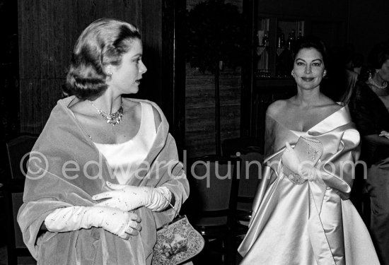 Princess Grace of Monaco and American actress friend, Eva Gardner arriving for the Bal de la Rose gala dinner at the International Sporting Club in Monte Carlo, 1960. (Grace Kelly) - Photo by Edward Quinn