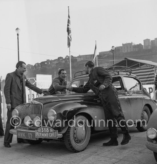 N° 318 Desmond Scannell, Stirling Moss, John Cooper (from left) on Sunbeam Talbot 90, 6th. Monte Carlo Rally 1953. - Photo by Edward Quinn
