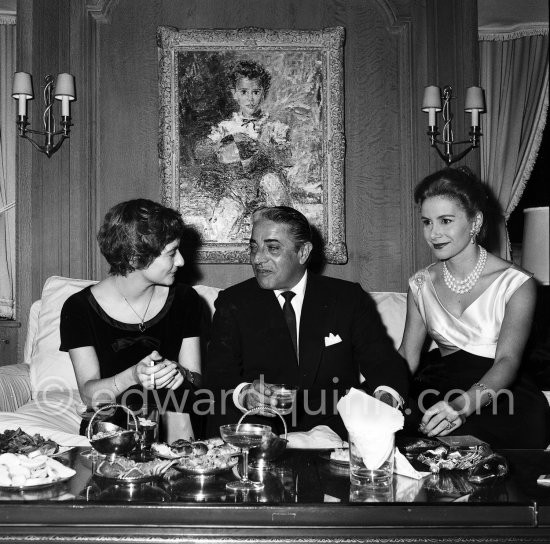 Aristotle Onassis, Tina Onassis and Françoise Sagan on board the yacht Christina before a performace of Ballet "Le Rendez-vous manqué." Written by Françoise Sagan, directed by Roger Vadim, décor by Bernard Buffet. Monaco harbor 1957. - Photo by Edward Quinn