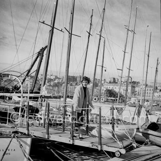 Françoise Sagan at the harbor. Yacht L\'oiseau bleu. Cannes 1954. - Photo by Edward Quinn