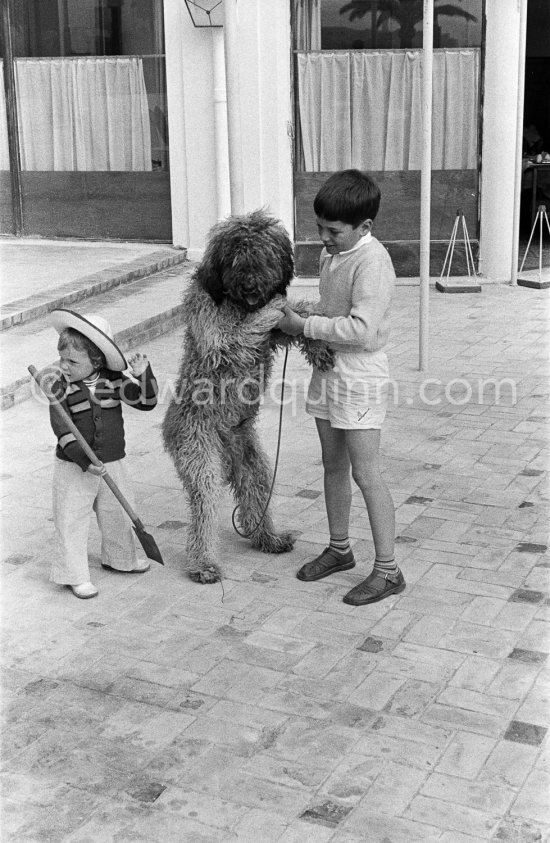 Georges Simenon\'s daughter Marie-Jo and Charlie Chaplin\'s son Michael Chaplin with Simenon\'s poodle Mister. Cannes 1955 - Photo by Edward Quinn