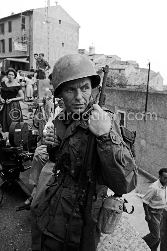 Lt. Sam Loggins (Frank Sinatra) on the set of the film "Kings Go Forth" in the village of Tourrettes-sur-Loup, 1957. - Photo by Edward Quinn