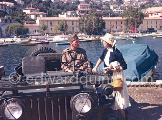 Lt. Sam Loggins (Frank Sinatra) and Leora Dana during the filming of "Kings Go Forth". Villefranche-sur-mer 1957. Car: 1951 or 52 Jeep M38 - Photo by Edward Quinn