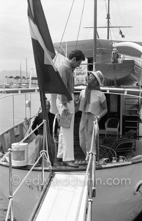 Liz Taylor and her new husband Eddie Fisher on board the yacht Olnico, which they had chartered for their honeymoon cruise of the Mediterranean and berthed in the harbor at Cannes, 1959. - Photo by Edward Quinn