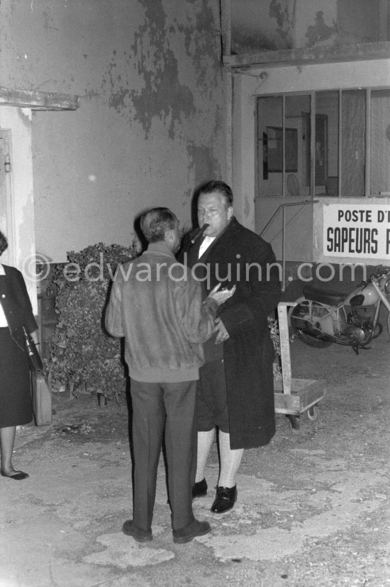 Orson Welles, still dressed as Benjamin Franklin in the film "La Fayette". Only missing are a cap and hair down to the shoulders, to make him look bald on top. Studios de la Victorine in Nice 1961. - Photo by Edward Quinn