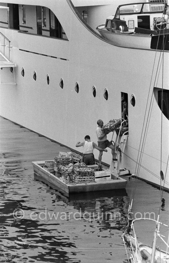 Food supply. Yacht Christina of Aristotle Onassis. Monaco harbor 1959. - Photo by Edward Quinn