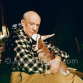 Pablo Picasso with the goat Esmeralda at Christmas 1956. She was a Christmas present from Jacqueline. La Californie, Cannes 1956. - Photo by Edward Quinn