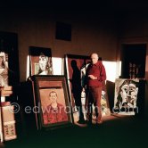 Pablo Picasso with his paintings and a work of his private collection by Joan Miró. Mas Notre-Dame-de-Vie, Mougins 1962. - Photo by Edward Quinn