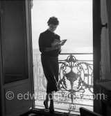 When Françoise Sagan became famous, having written "Bonjour Tristesse", she went to live at Cannes in a room at the Carlton Hotel and worked there on her novel "Un certain Sourire". Cannes 1954. - Photo by Edward Quinn