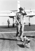 Edward Duke of Windsor and his pug fighting against a sudden blast at Nice Airport. The Duke came to the airport to fetch the Duchess of Windsor and then they drove on to the Carlton Hotel in Cannes. Nice Airport 1954 - Photo by Edward Quinn