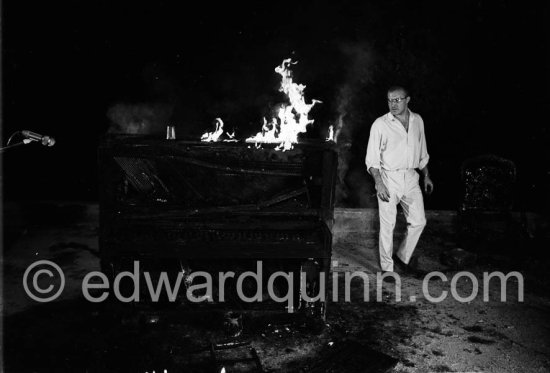 Arman, French artist. Burning Piano performance. Nice 1967 - Photo by Edward Quinn