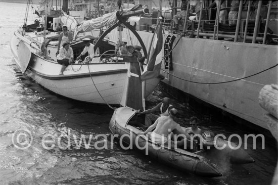 Princess Beatrix of the Netherlands, later Queen, on her boat De groene Draeck (with white jacket) behind her her sister Irene. Saint-Tropez 1958. - Photo by Edward Quinn