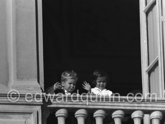 Prince Albert and Princess Caroline at a window of the Palace. Monegasque Fête Nationale. Monaco 1960 - Photo by Edward Quinn