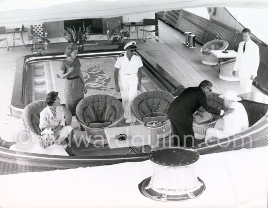 Sir Winston Churchill, Aristotle and Tina Onassis on board yacht Christina for a cruise to the Balearic Islands. Monaco 1958. - Photo by Edward Quinn