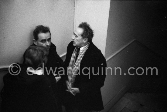 Henri-Georges Clouzot and Jean Cocteau. At a private viewing of Pablo Picasso\'s book illustrations in the Matarasso gallery in Nice. "Pablo Picasso. Un Demi-Siècle de Livres Illustrés". December 21 - January 31. Nice 1956. - Photo by Edward Quinn