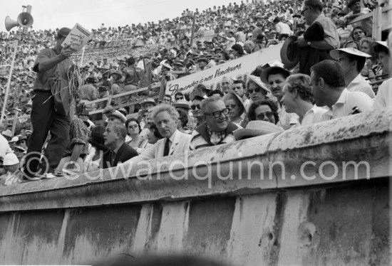 Jean Cocteau, Douglas Cooper, John Richardson (far right). Bullfight, Nimes 1960. (Photos in the bull ring of this bullfight see "Miscellanous".) - Photo by Edward Quinn