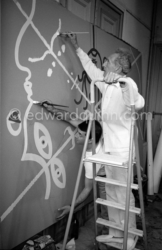 The two artists Jean Cocteau and Raymond Moretti. Collective painting "La Naissance du Verseau". Nice 1962. - Photo by Edward Quinn