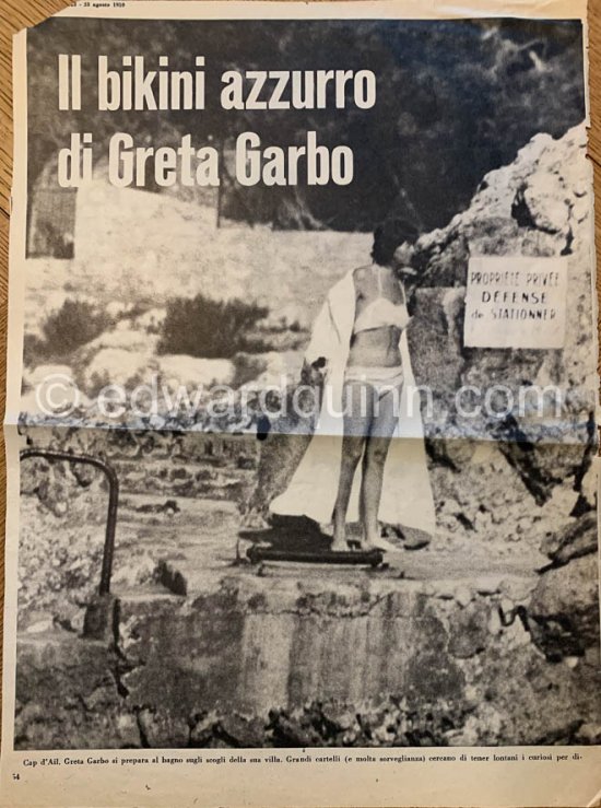 Press clipping, L\'Europeo, 23 August 1959 (the magazine e doesn’t exist anymore). Greta Garbo at the swimming place of Villa The Rock. Cap d’Ail 1959. - Photo by Edward Quinn