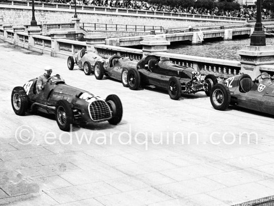 Luigi Villoresi (38) on Ferrari 125, Nino Farina (32), Alfa Romeo 158 Alfetta, Toulo de Graffenried (52), Maserati 4CLT, Franco Rol  (44) on Maserati 4CLT. Grand Prix Automobile de Monaco 1950. - Photo by Edward Quinn