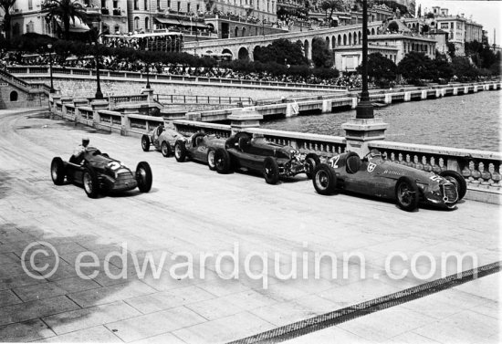 Juan Manuel Fangio (34), Alfa Romeo 158 Alfetta, winner of the Grand Prix Automobile de Monaco 1950, Nino Farina (32), Alfa Romeo 158 Alfetta, Toulo de Graffenried (52), Maserati 4CLT, Franco Rol  (44) on Maserati 4CLT - Photo by Edward Quinn