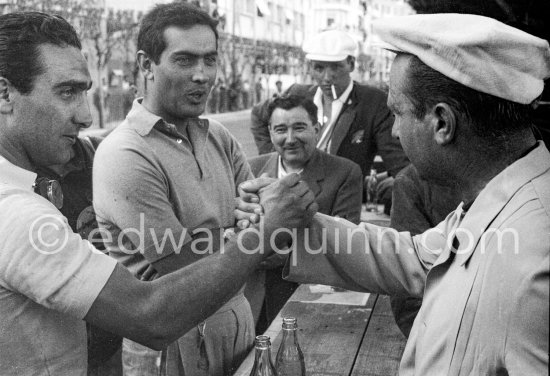 The Ferrari team. From left: Eugenio Castellotti, Luigi Musso, Juan Manuel Fangio. Monaco Grand Prix 1956. - Photo by Edward Quinn