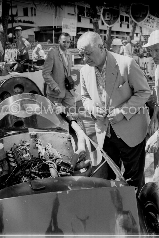 Tony Vandervell, founder of the Vanwall Formula One racing team with a Vanwall car. Monaco Grand Prix 1958. - Photo by Edward Quinn