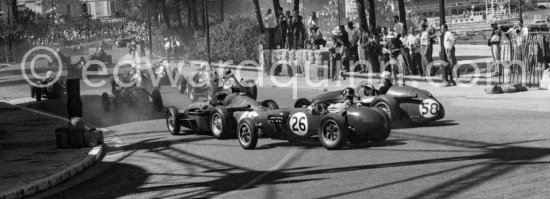 Joakim Bonnier, (58) Maserati 250F. Graham Hill, (26) Lotus 12. Wolfgang von Trips, (40) Ferrari Dino 246. Monaco Grand Prix 1958. - Photo by Edward Quinn