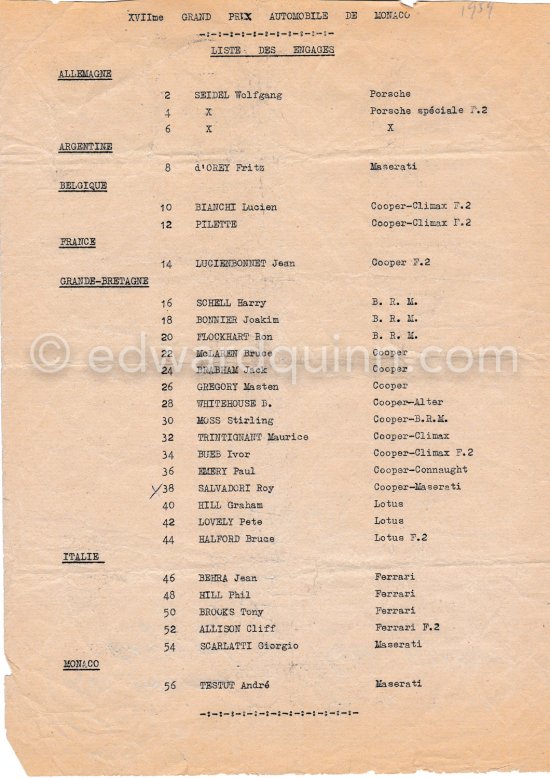 Original List of Entries for the Monaco Grand Prix 1959. - Photo by Edward Quinn