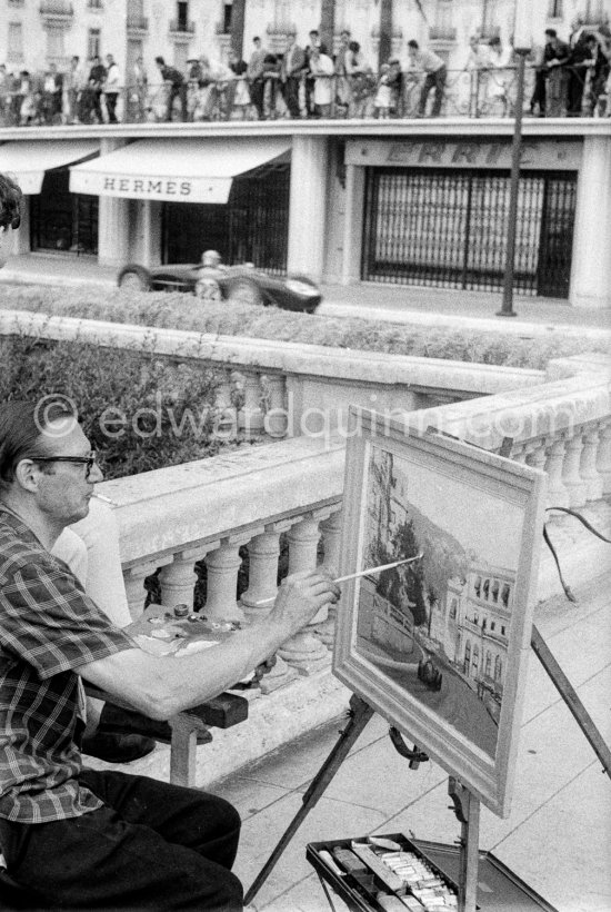 Unknown painter, well known driver: Innes Ireland, (22) Lotus 18. Painting Massenet, the long, left-hand corner that skirts the Monaco opera house. Monaco Grand Prix 1960. - Photo by Edward Quinn