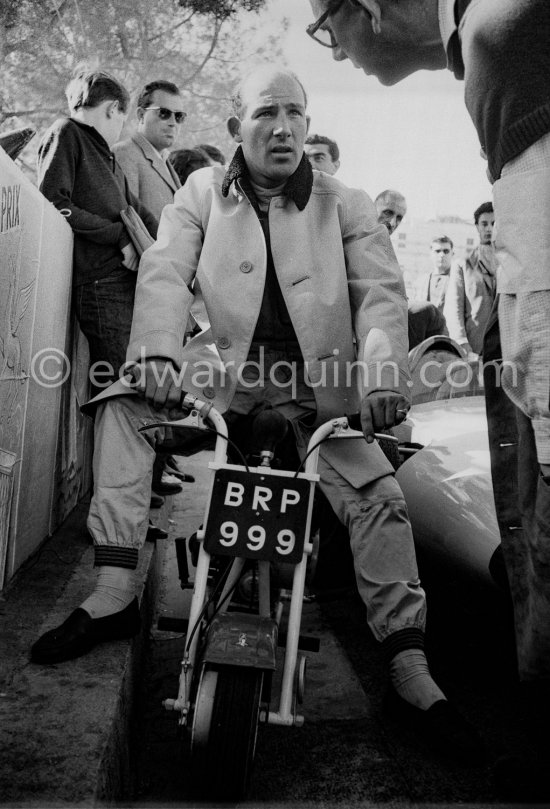 Stirling Moss enjoys riding around with his 1961 Trojan Trobike. Monaco Grand Prix 1961.
Trobike was a type of mini-bike. Although preceded by the World War II military Welbikeand later Corgi for the civilian market, it was one of the earliest to be sold in kit form to avoid purchase tax. The Trojan Lambretta group was founded in 1959 when Lambretta Concessionaires Ltd took over Trojan Ltd, one of the oldest firms in the British motor industry. - Photo by Edward Quinn