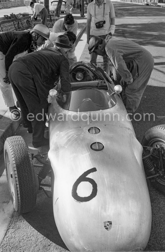 Hans Herrmann\'s Porsche 787 Prototype. On the left Hans Hermann. Monaco Grand Prix 1961. - Photo by Edward Quinn