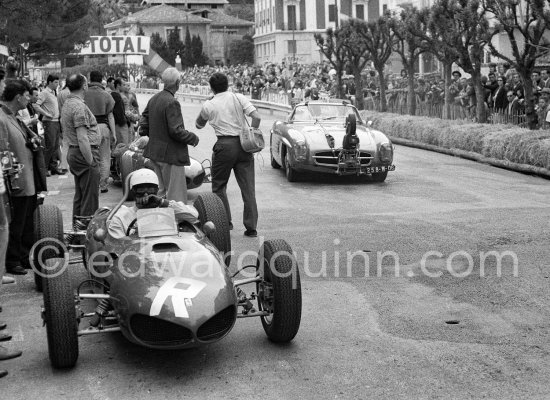 The Mercedes 300 SL Camera car for the 1963 German 70mm documentary Flying Clipper aka Mediterranean Holiday. Phil Hill, Ferrari 156. Monaco Grand Prix 1962. (see youtube tinyurl.com/ycu8sto4) - Photo by Edward Quinn